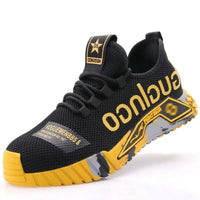 Steel Toe Shoes: Black and yellow, mesh upper, bold reverse branding, yellow sole for grip and safety