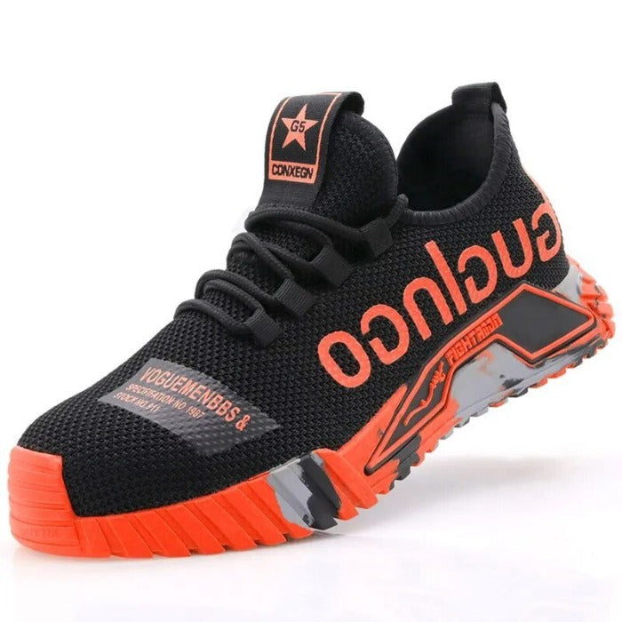 Steel Toe Shoes: Black and orange, mesh upper, bold ‘oouhug’ branding, orange outsole for safety and style