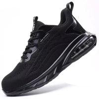 Black steel-toe sneakers with breathable mesh upper, secure lacing, and cushioned sole for comfort and safety