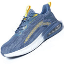 Blue steel-toe sneakers with yellow accents, mesh upper, cushioned sole, and air-cushioned heel for comfort and safety