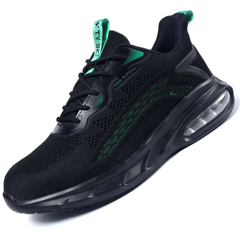 Steel-toe sneakers: Black with green accents, mesh upper, cushioned sole, modern design, and visible brand tag