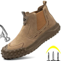 Welder boots showcased with hammer and nails, symbolizing strength and reliability