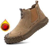 Tan Welder boots with sturdy sole and flame icon, indicating heat resistance and durability
