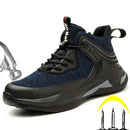 Work shoes sneakers in blue and black, showcasing steel toe and sole puncture resistance, perfect for safety at work