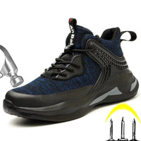 Work shoes sneakers in blue and black, showcasing steel toe and sole puncture resistance, perfect for safety at work